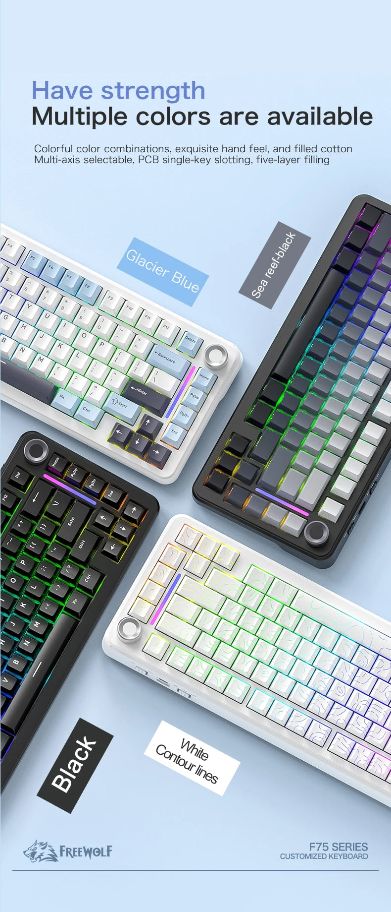 75% Hot Swap Gaming Keyboard Wireless FREEWOL F75 RGB Mechanical Keyboard with Metal Knobs AULA F75 Same Model,Tri-Mode,4000 mAh.