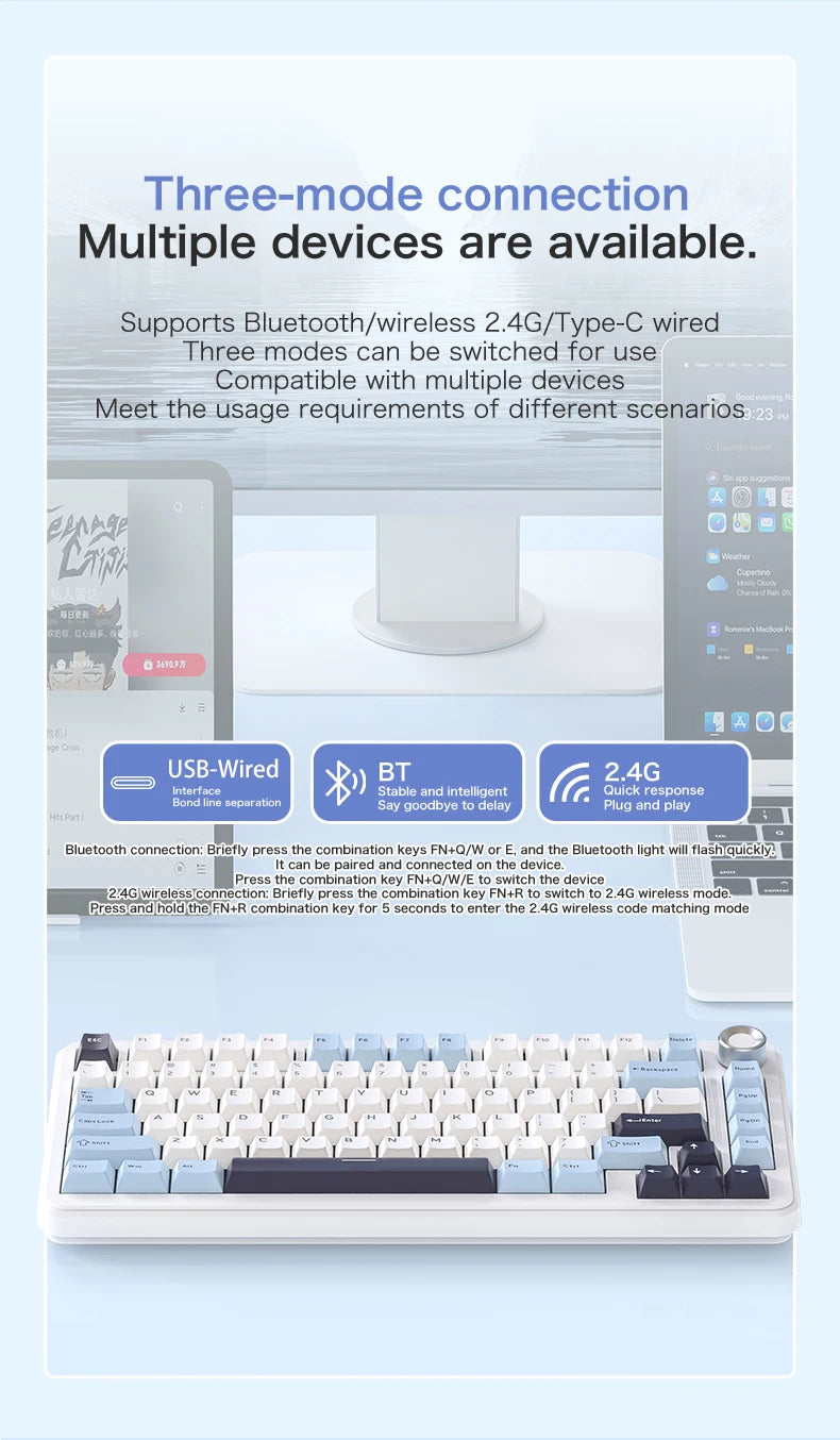75% Hot Swap Gaming Keyboard Wireless FREEWOL F75 RGB Mechanical Keyboard with Metal Knobs AULA F75 Same Model,Tri-Mode,4000 mAh.