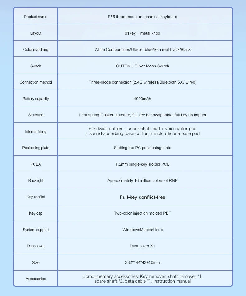 75% Hot Swap Gaming Keyboard Wireless FREEWOL F75 RGB Mechanical Keyboard with Metal Knobs AULA F75 Same Model,Tri-Mode,4000 mAh - HAMZAKHANSTORE