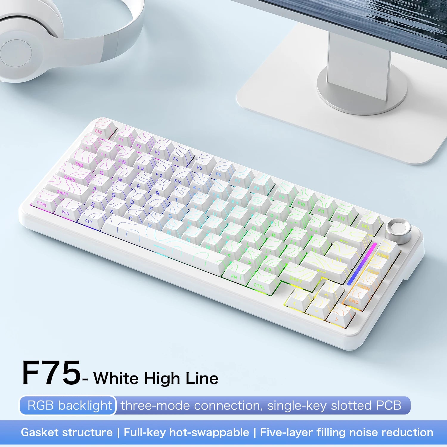 75% Hot Swap Gaming Keyboard Wireless FREEWOL F75 RGB Mechanical Keyboard with Metal Knobs AULA F75 Same Model,Tri-Mode,4000 mAh - HAMZAKHANSTORE