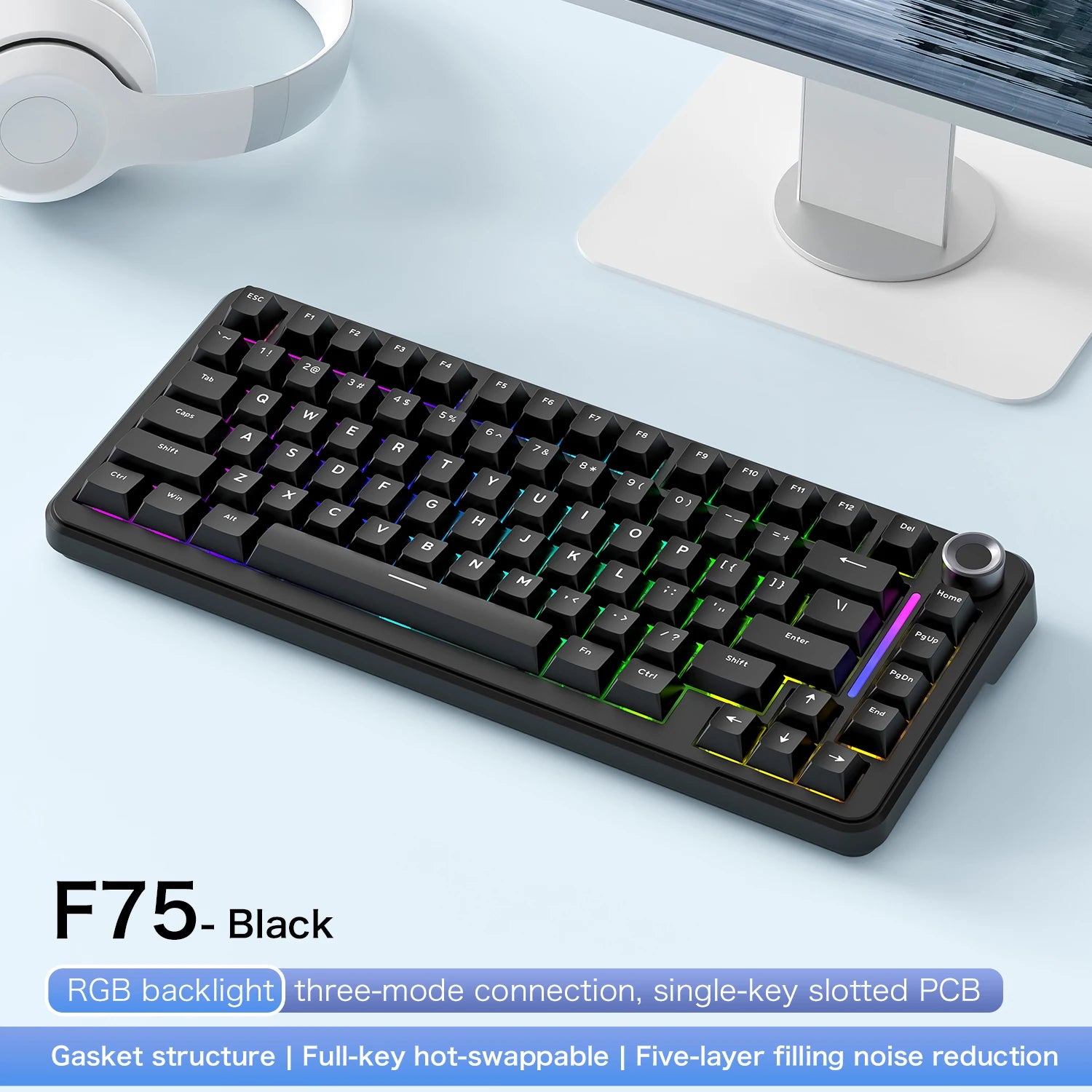 75% Hot Swap Gaming Keyboard Wireless FREEWOL F75 RGB Mechanical Keyboard with Metal Knobs AULA F75 Same Model,Tri-Mode,4000 mAh - HAMZAKHANSTORE