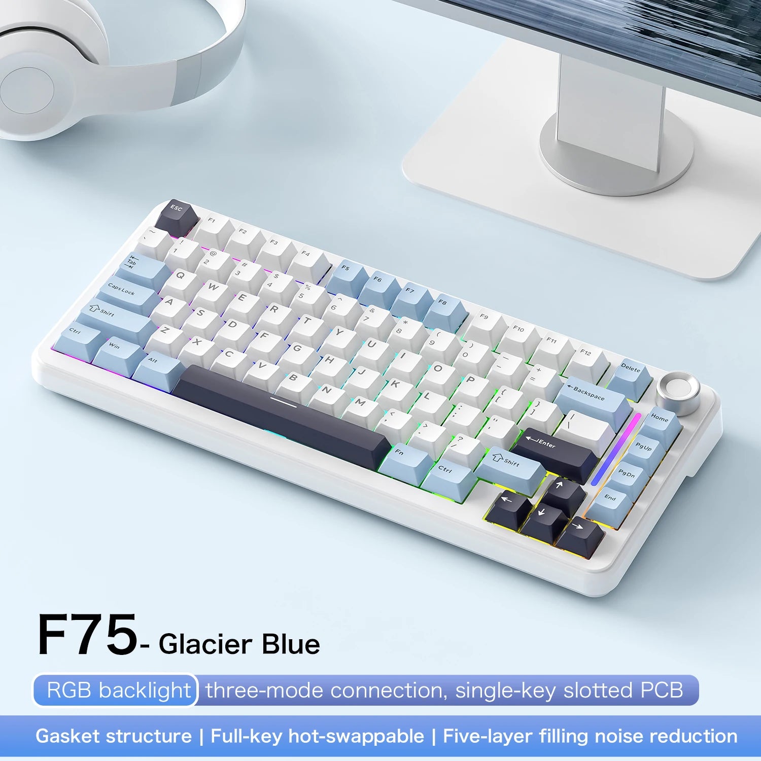 75% Hot Swap Gaming Keyboard Wireless FREEWOL F75 RGB Mechanical Keyboard with Metal Knobs AULA F75 Same Model,Tri-Mode,4000 mAh - HAMZAKHANSTORE