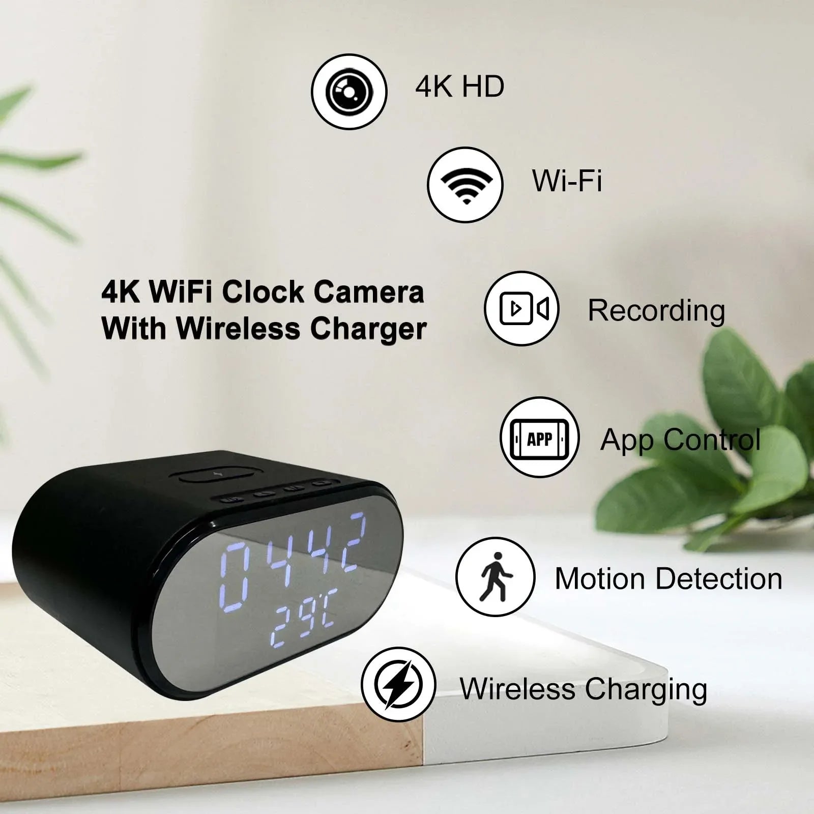 Smart 4K HD Clock Camera with WiFi, Motion Detection, App Control & Wireless Charging – Ideal for Indoor Security Monitoring - HAMZAKHANSTORE