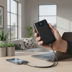 Lifestyle shot showing power bank size scale in hand