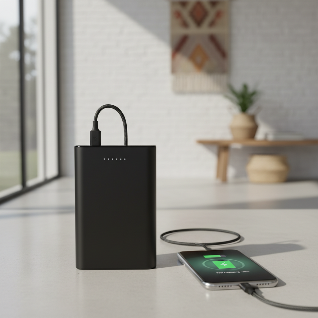 Top-down view of power bank showing ports and LED indicators