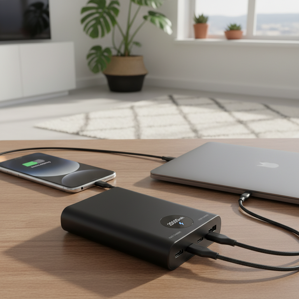 Ultra-realistic 20000mAh power bank charging smartphone and laptop in South African home